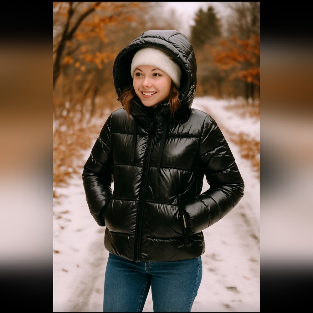 Sam Edelman | Glossy Hooded Puffer Jacket – Black – Women’s Small - Picture 12 of 12